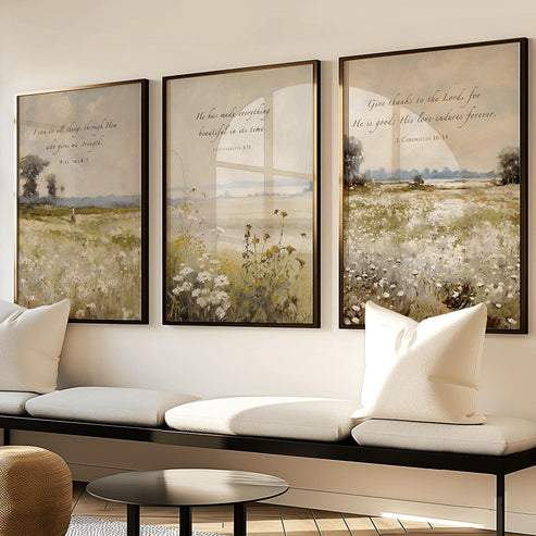 Vintage Christian Bible verse canvas wall art set of three with floral landscapes