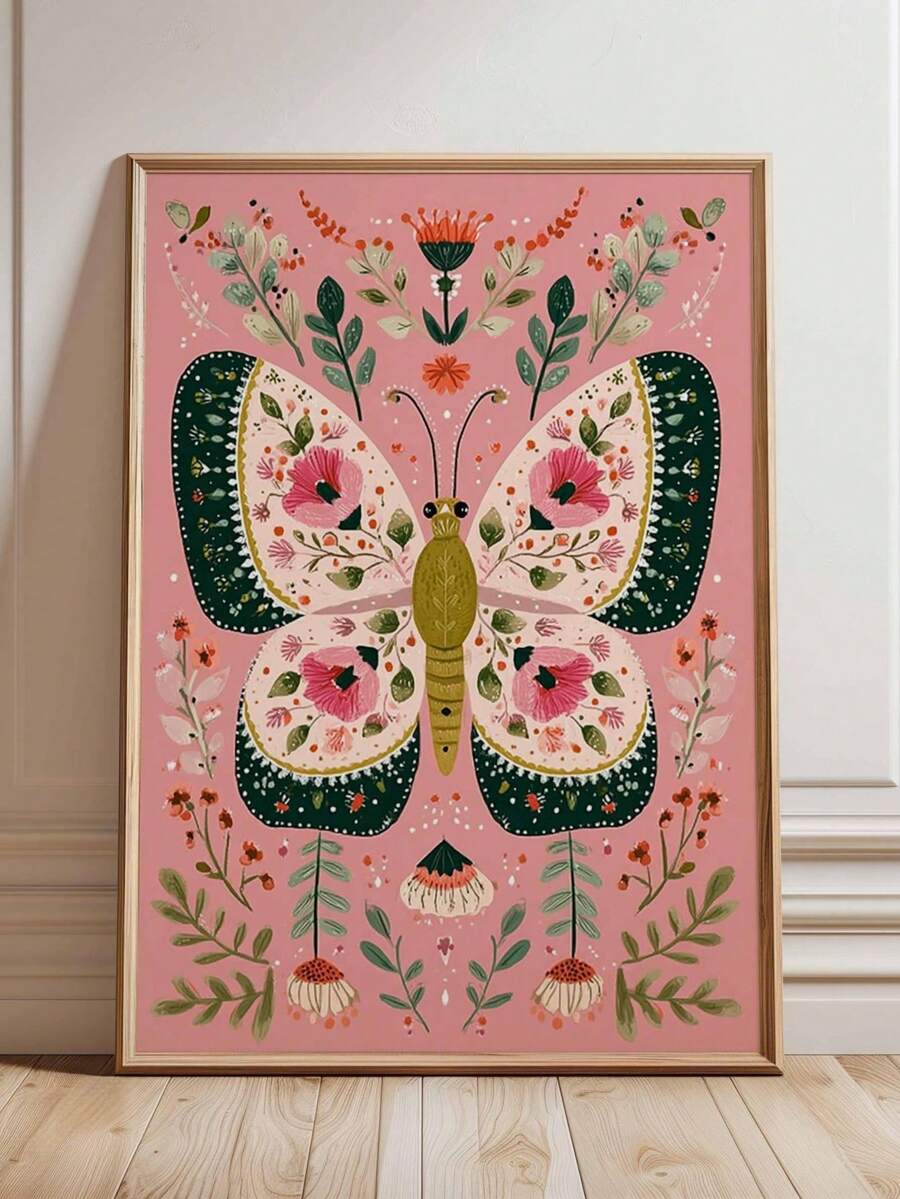 Bohemian butterfly floral wall art in light wood frame