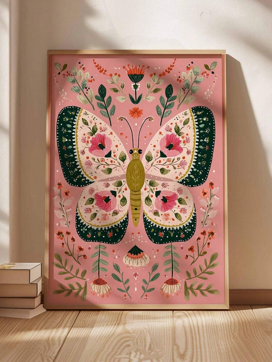 Bohemian butterfly floral wall art in light wood frame
