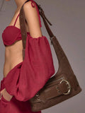 Brown suede belt hobo shoulder bag with large silver buckle