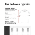 Size chart for white blue floral graphic cotton T-shirt with measurements
