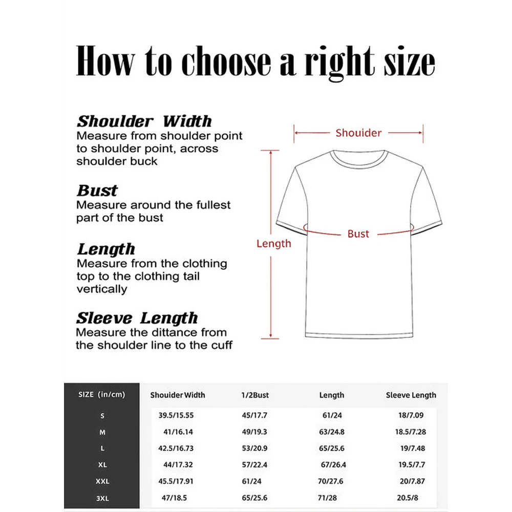 Size chart for white blue floral graphic cotton T-shirt with measurements
