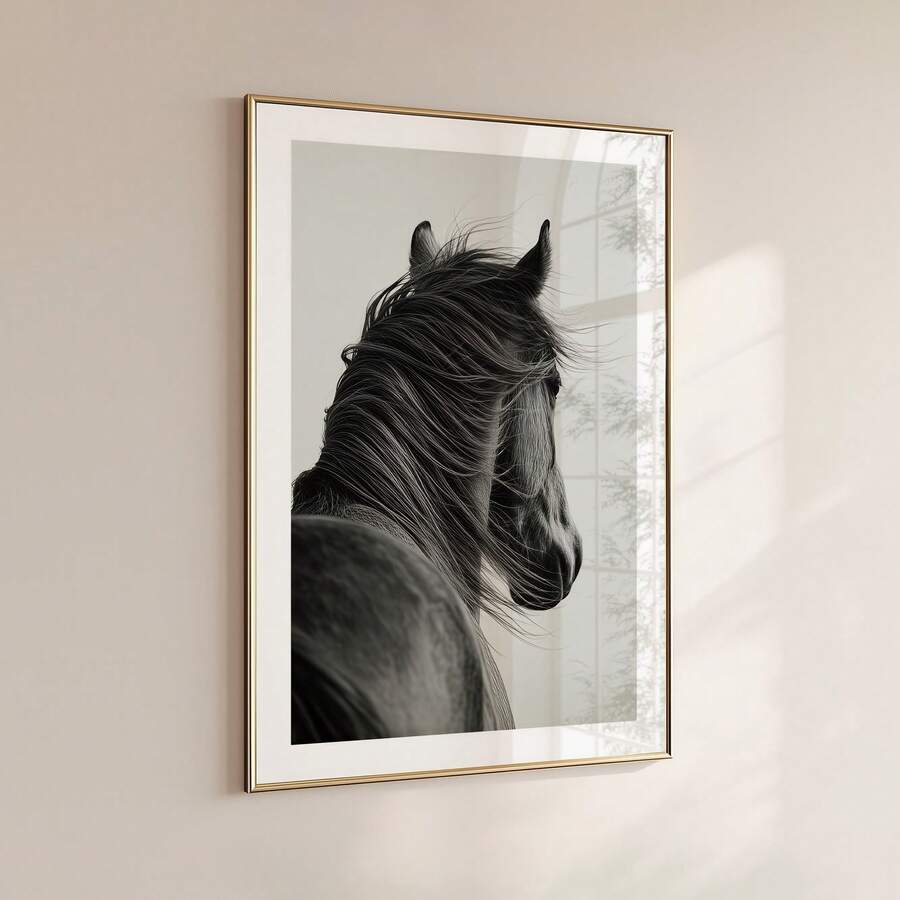 Framed black and white horse print leaning on light wood floor
