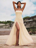 18 media show strapless maxi beach dress with bandeau neckline, bodycon drop waist, high slit, flowing sheer gathered skirt, variants orange floral, butter yellow, chocolate, burgundy, leopard, pink mixed print. image 4