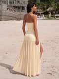 18 media show strapless maxi beach dress with bandeau neckline, bodycon drop waist, high slit, flowing sheer gathered skirt, variants orange floral, butter yellow, chocolate, burgundy, leopard, pink mixed print. image 5