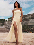 18 media show strapless maxi beach dress with bandeau neckline, bodycon drop waist, high slit, flowing sheer gathered skirt, variants orange floral, butter yellow, chocolate, burgundy, leopard, pink mixed print. image 6