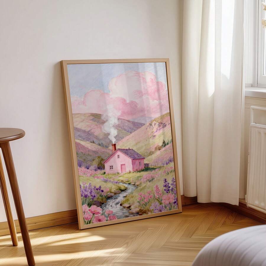 Framed pink cottage landscape print leaning near curtain and radiator