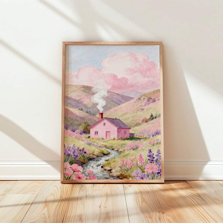 Framed pink cottage landscape print leaning near curtain and radiator