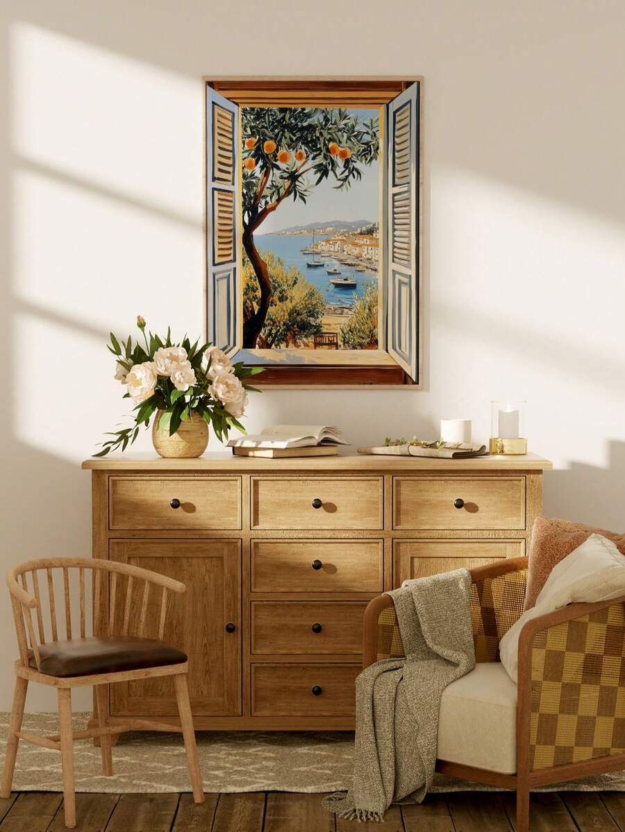 Open shutters and seaside village framed wall art
