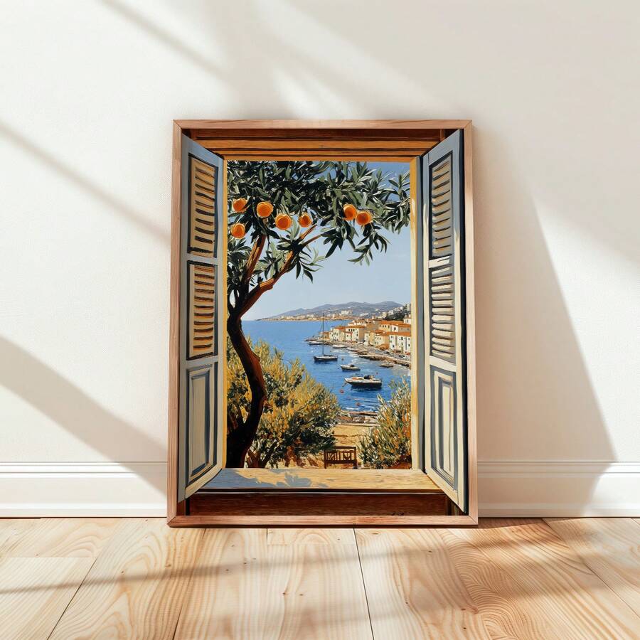 Open window coastal print in wood-look frame