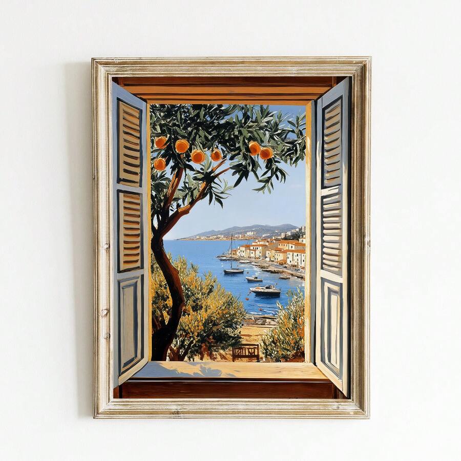 Mediterranean open window coastal wall art in slim gold frame