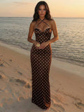 White large floral halter lace up maxi dress front