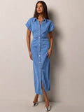 Chic Casual Denim Dress for Women with Roll-Up Short Sleeves and Waist Cinch 