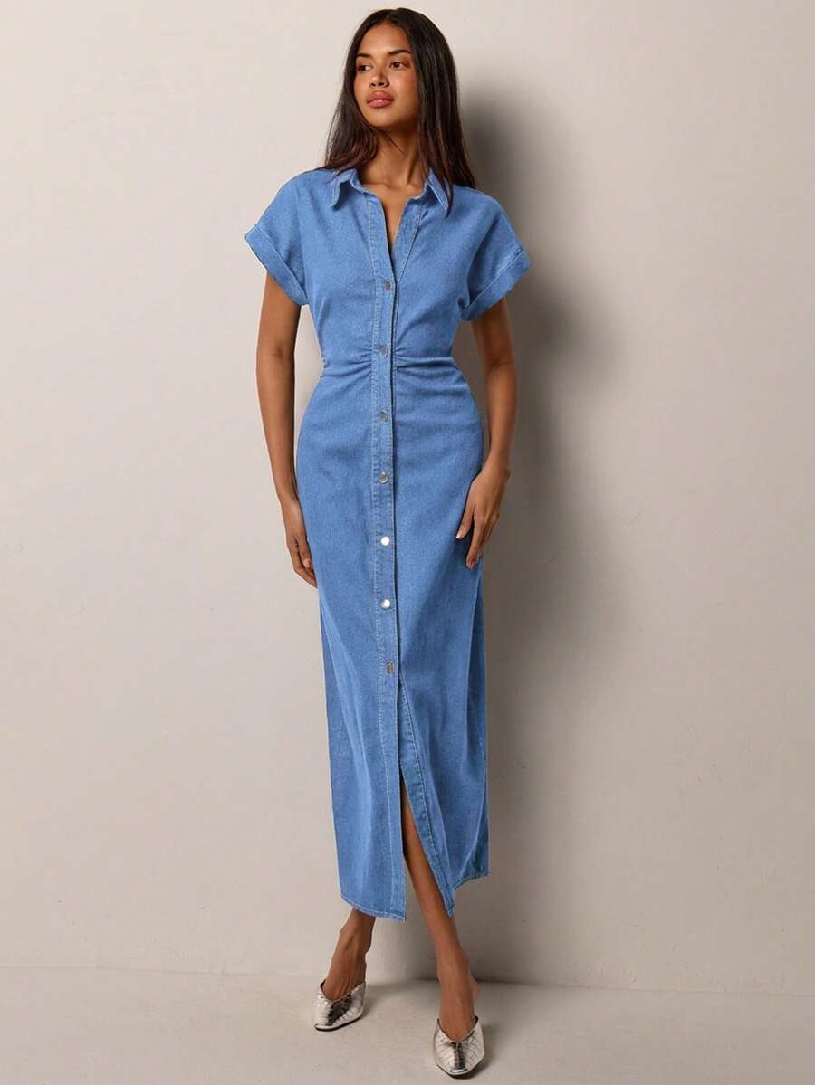 Chic Casual Denim Dress for Women with Roll-Up Short Sleeves and Waist Cinch 
