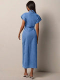 Chic Casual Denim Dress for Women with Roll-Up Short Sleeves and Waist Cinch 