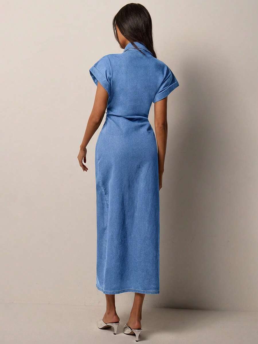Chic Casual Denim Dress for Women with Roll-Up Short Sleeves and Waist Cinch 