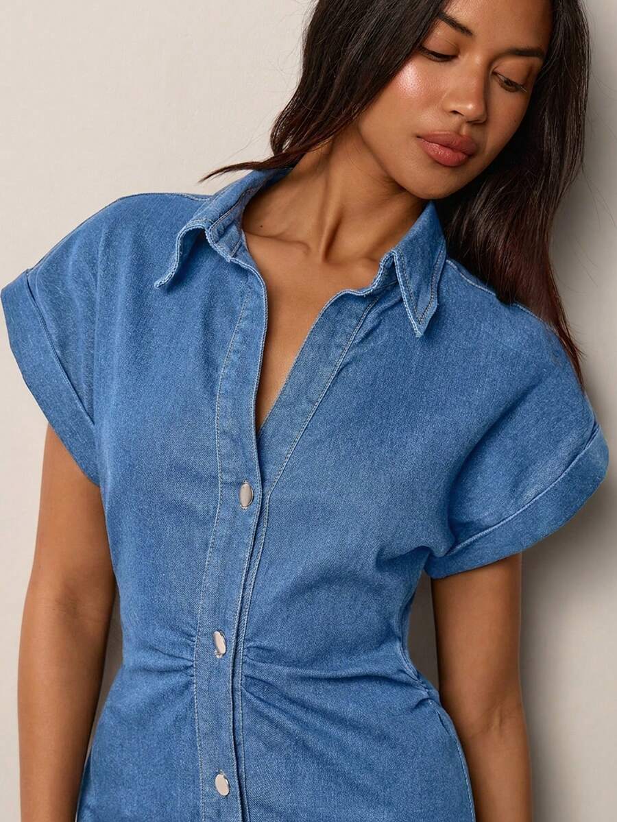 Chic Casual Denim Dress for Women with Roll-Up Short Sleeves and Waist Cinch 