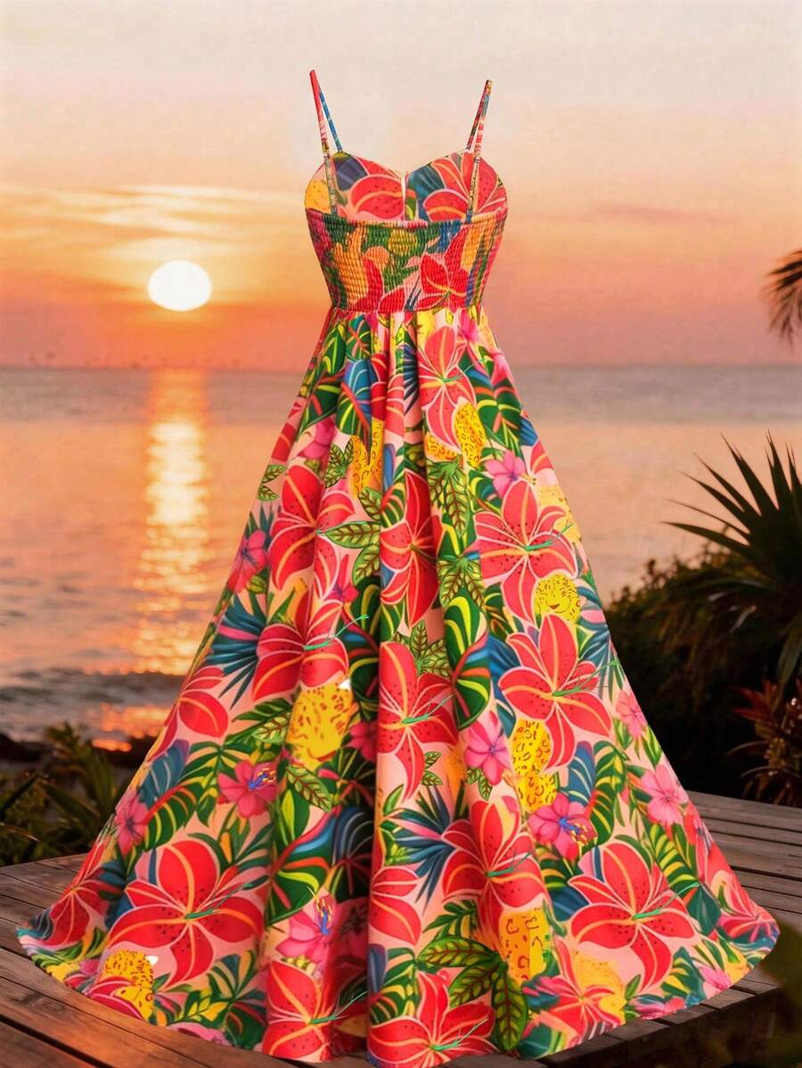 Front lifestyle view of multicolor tropical floral maxi dress in seaside vacation setting