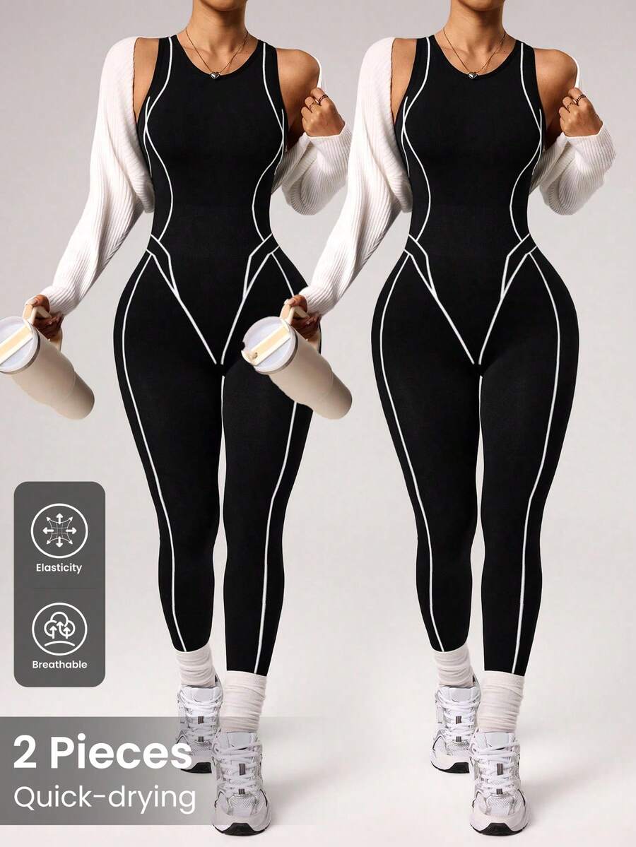 seamless sleeveless full length sports jumpsuit with high neck back zipper and contrast contour piping image 4