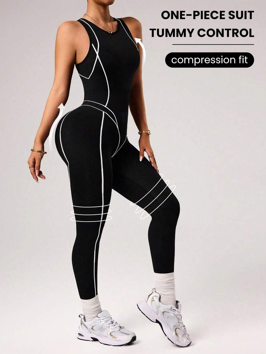 seamless sleeveless full length sports jumpsuit with high neck back zipper and contrast contour piping image 5