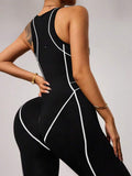 seamless sleeveless full length sports jumpsuit with high neck back zipper and contrast contour piping image 7