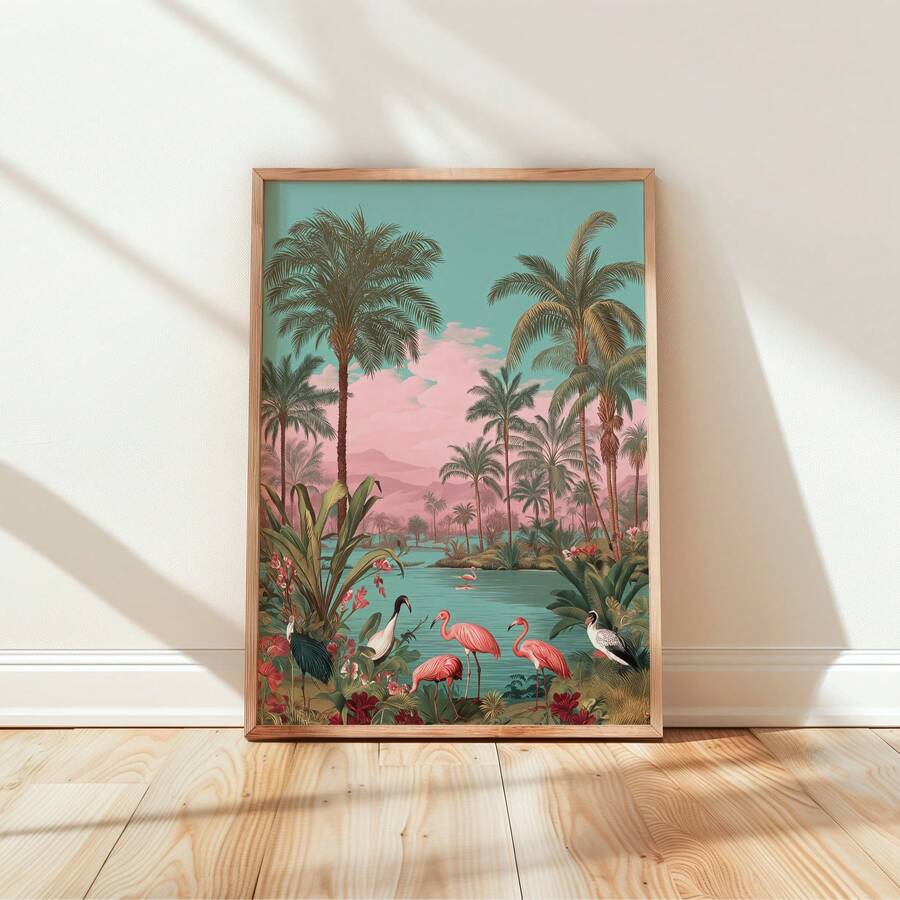 Framed tropical flamingo poster leaning against wall with palms lagoon and pastel pink sky
