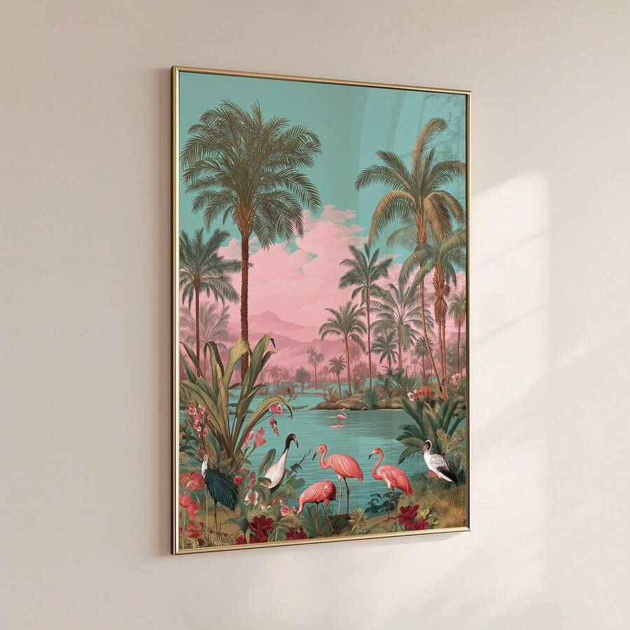 Framed tropical flamingo poster leaning against wall with palms lagoon and pastel pink sky