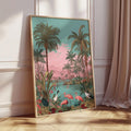 Large framed chinoiserie tropical print beside curtain with flamingos palms and pastel resort colors