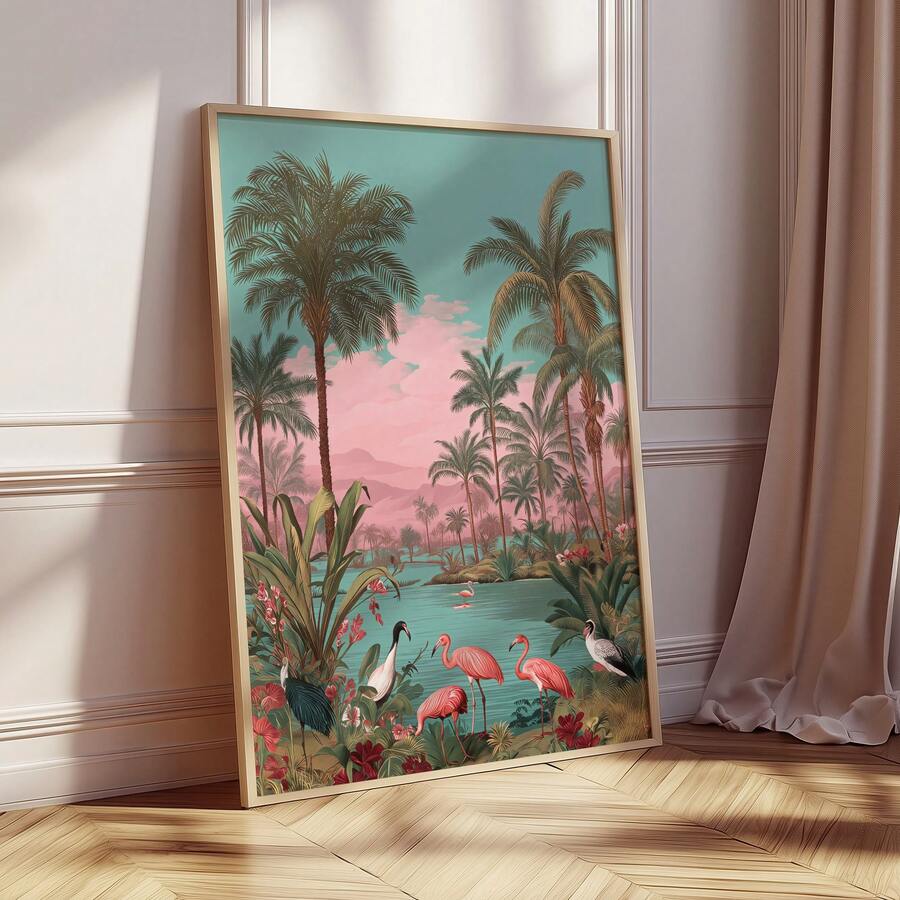 Large framed chinoiserie tropical print beside curtain with flamingos palms and pastel resort colors