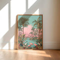 Framed tropical landscape poster in sunlight showing flamingos palm trees and lush lagoon scene