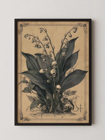 Gothic botanical print with lily of the valley skulls bones roots and ornate border