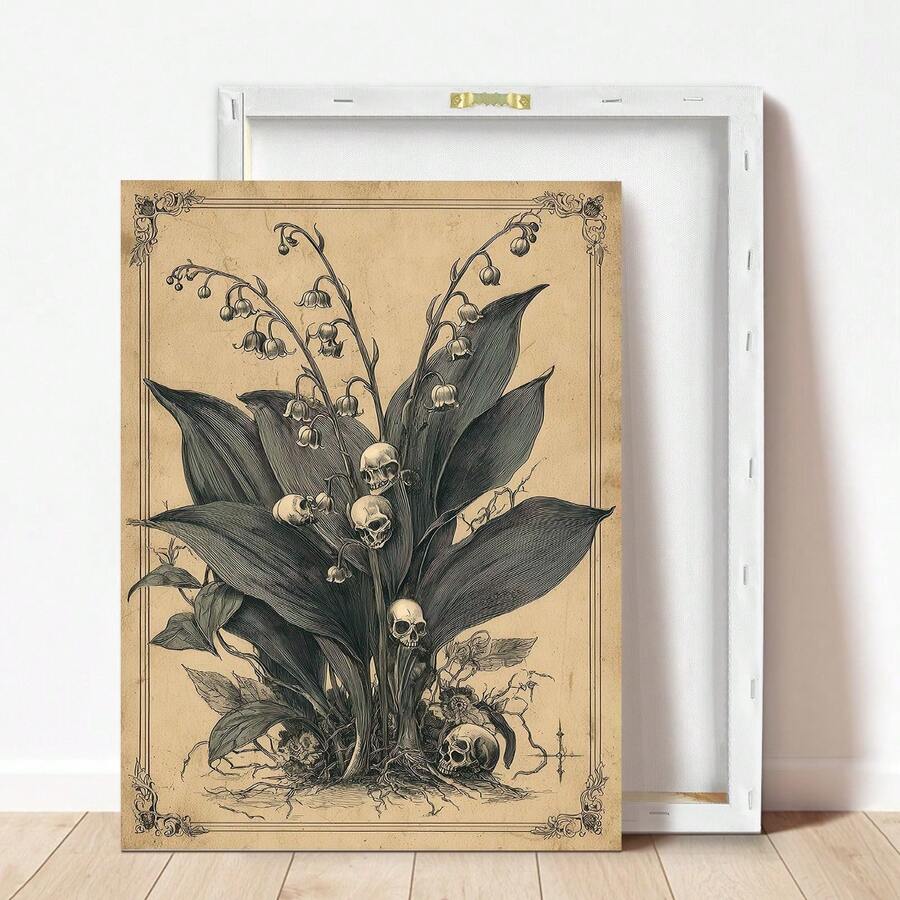Black framed gothic lily of the valley skull wall art on light wall