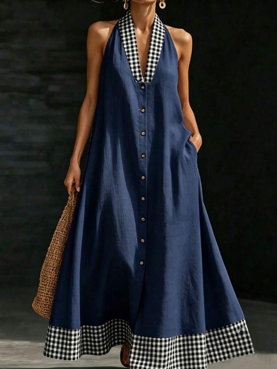 Navy halter maxi dress front view with gingham trim and button placket