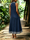Back view of navy sleeveless maxi dress with gingham collar and long hem