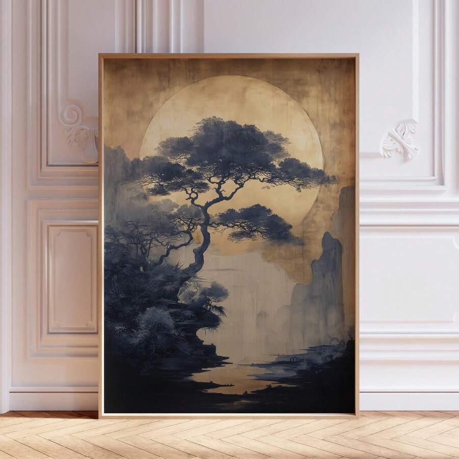 Japanese zen tree and moon landscape wall art in thin frame