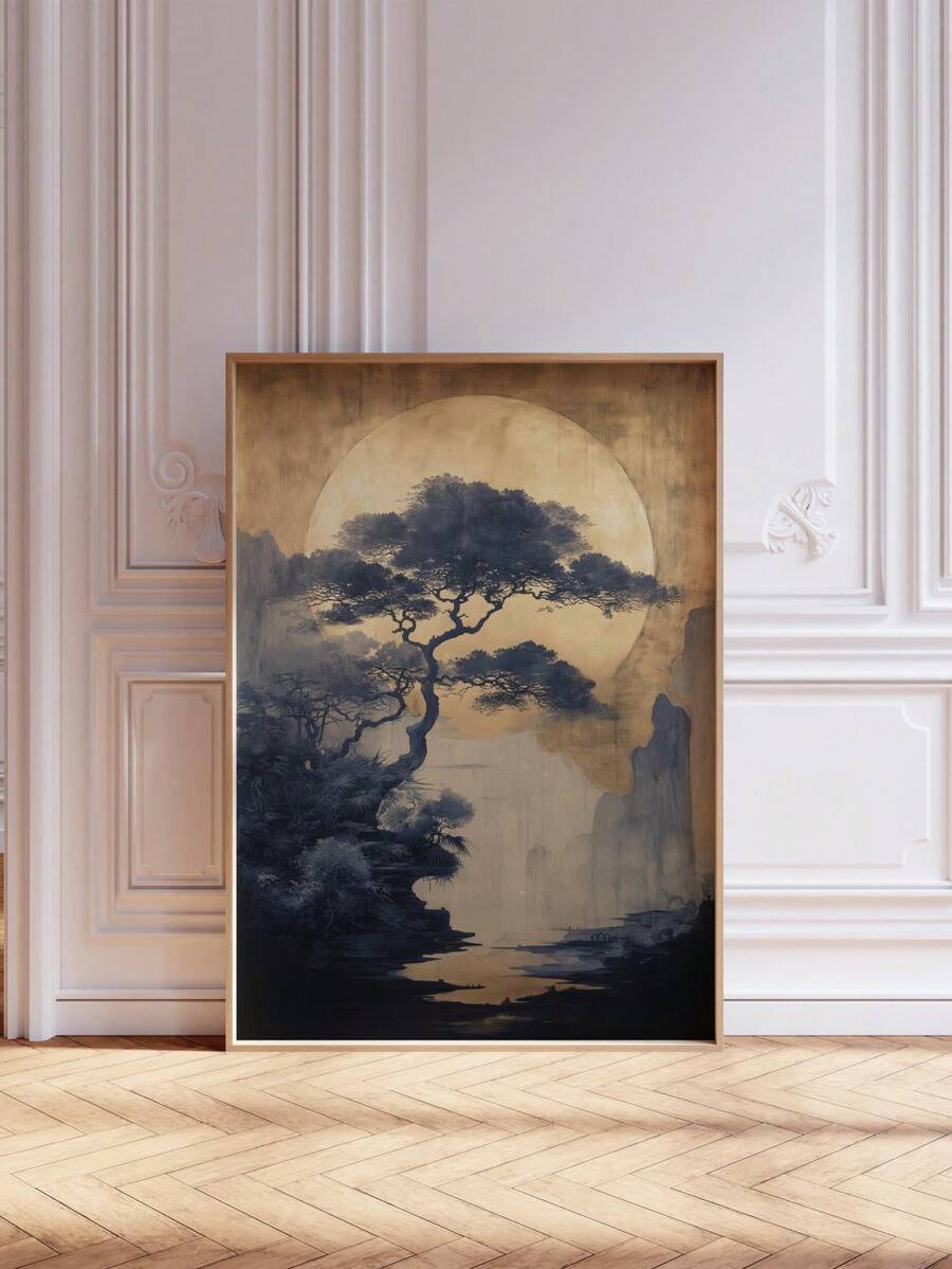 Japanese zen tree and moon landscape wall art in thin frame