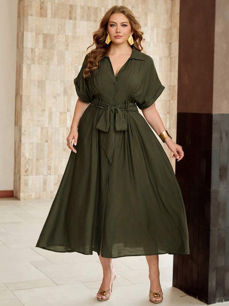 Shop a plus size bamboo linen V-neck dress with a front tie. Perfect for summer parties, brunch, garden events, vacations, and elegant warm-weather occasions.