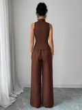 Back view of brown sleeveless vest and wide leg pants set