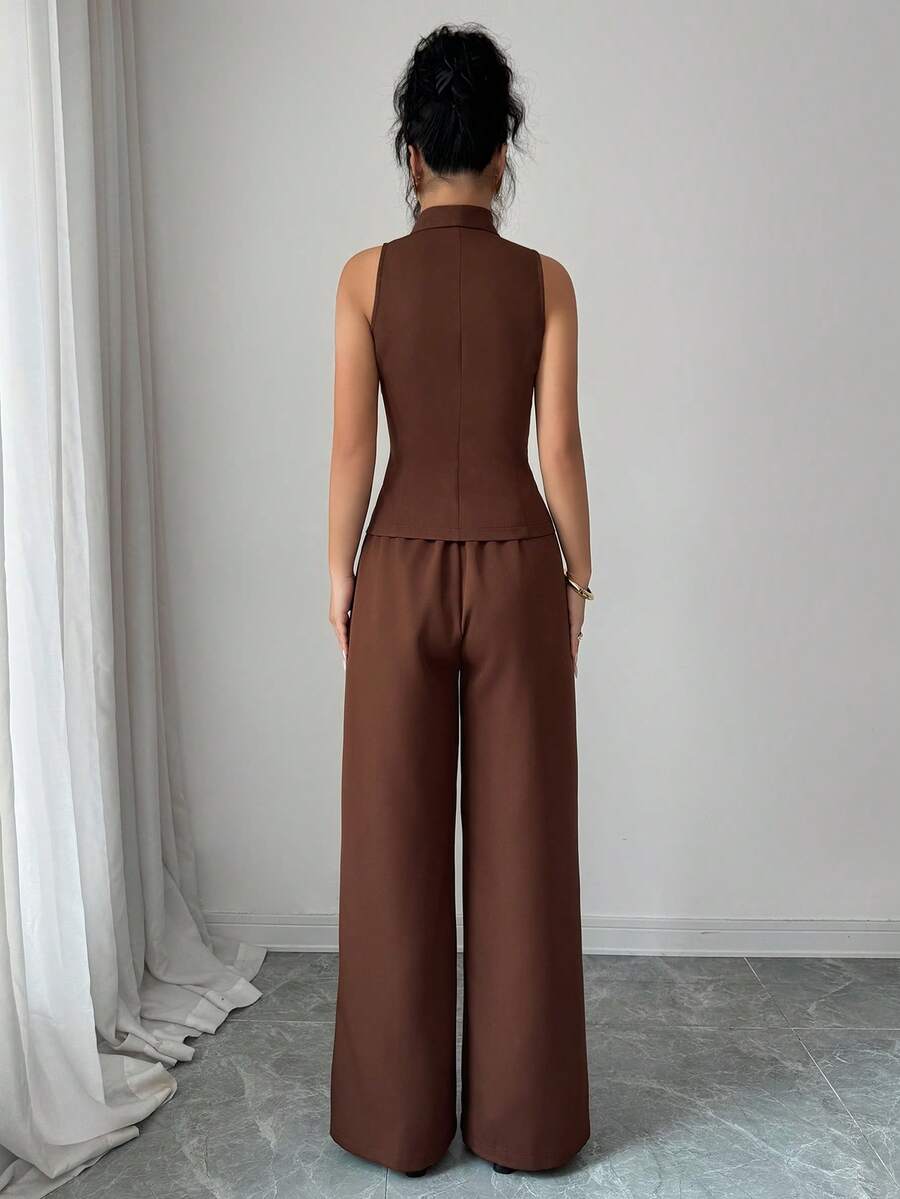 Back view of brown sleeveless vest and wide leg pants set