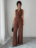 Front full view of brown wrap vest suit set with matching wide leg trousers
