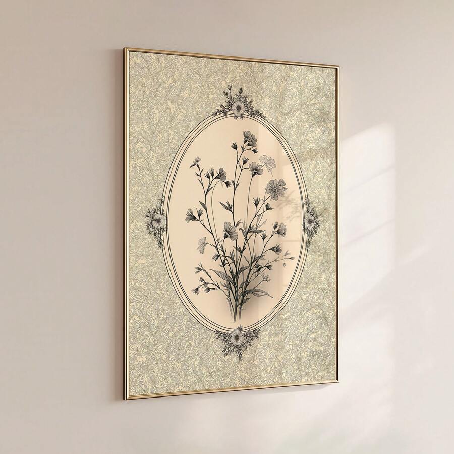 Vintage wildflower botanical art print in light wood frame