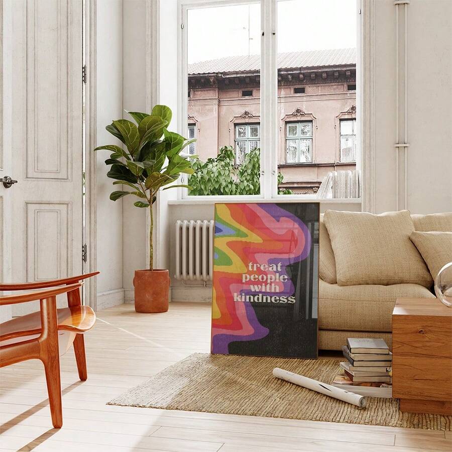 Rainbow quote poster styled in cozy living room with plant