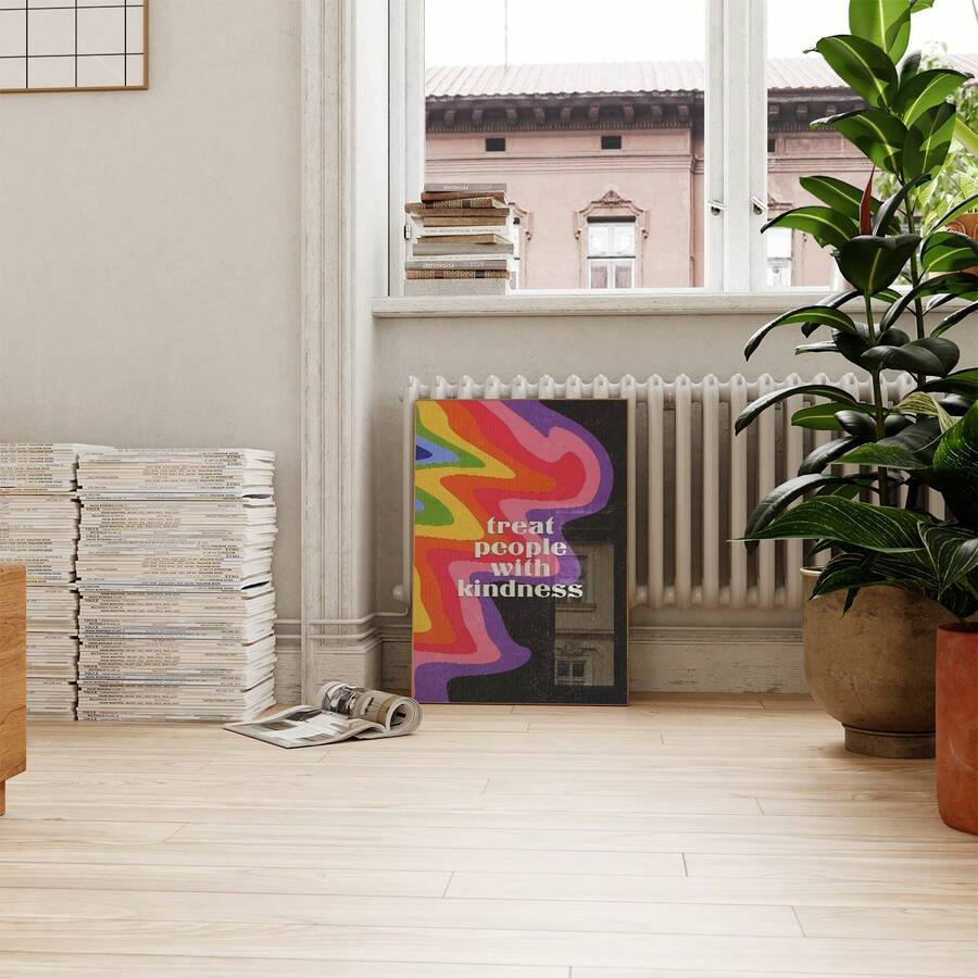 Treat People With Kindness rainbow quote poster in gold frame mockup