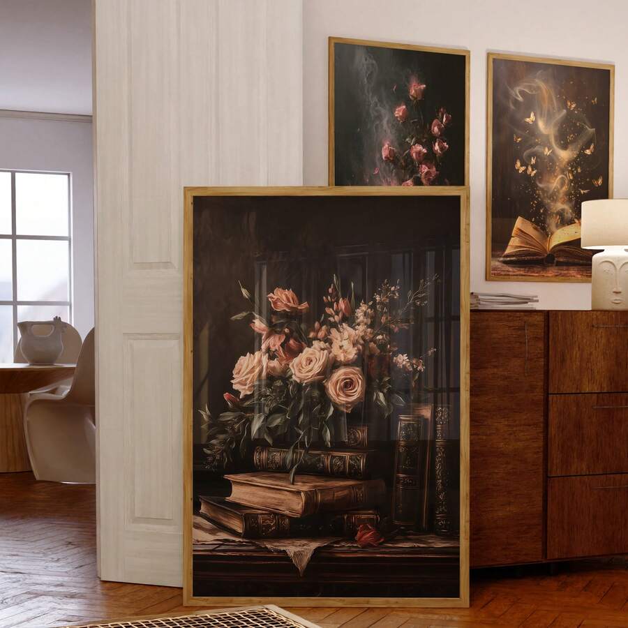 Vintage roses and antique books wall art in ornate frame mockup