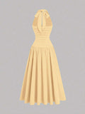 plus size halter maxi dress with deep V neckline, back neck tie bow, open shoulders, ruched waist panel, gold starfish charm, gathered A-line maxi skirt and solid or printed vacation colorways image 5