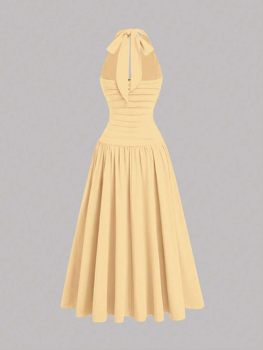 plus size halter maxi dress with deep V neckline, back neck tie bow, open shoulders, ruched waist panel, gold starfish charm, gathered A-line maxi skirt and solid or printed vacation colorways image 5