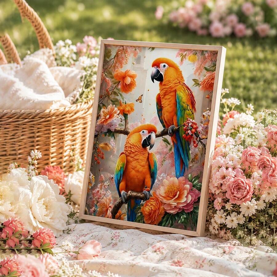 Framed parrot floral print lying on cream fabric with scattered flowers