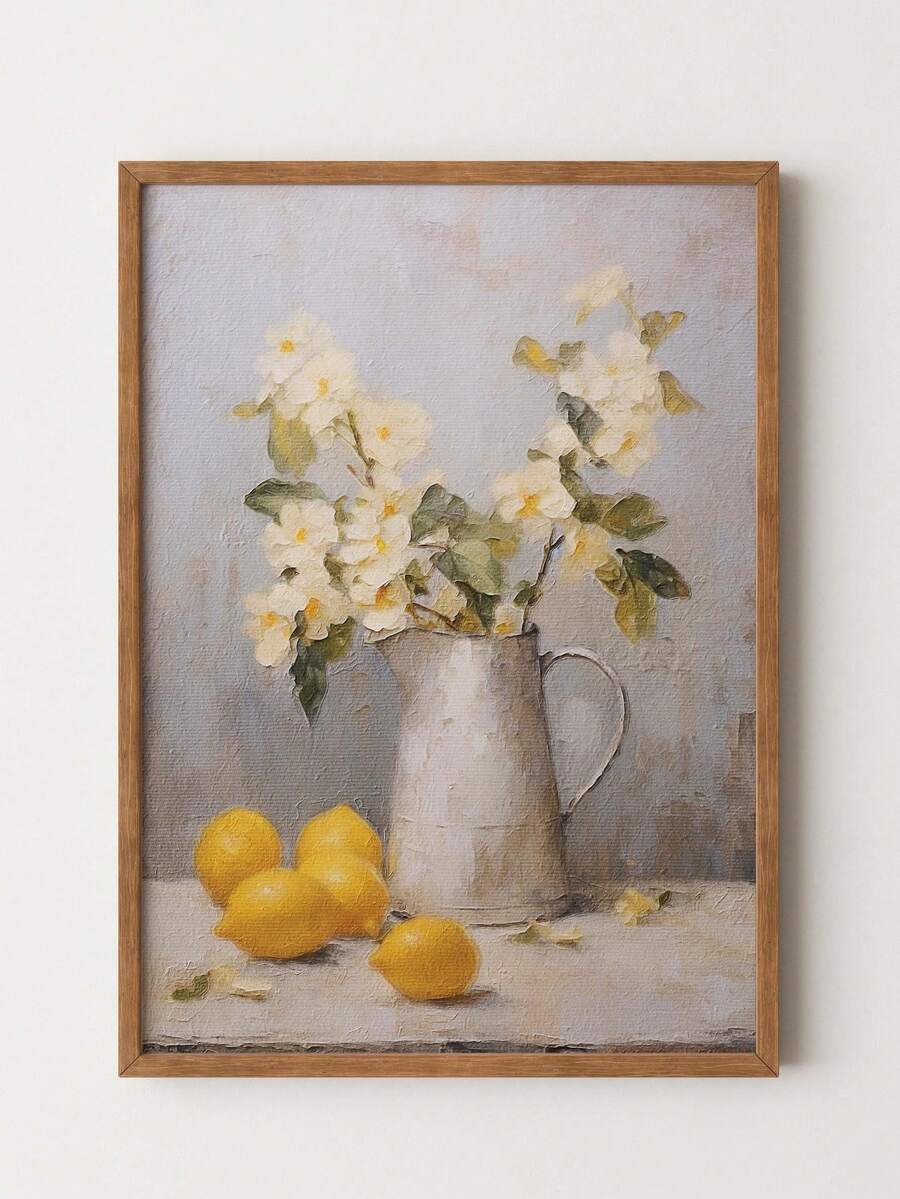 Framed vintage lemon and white floral still life canvas wall art above cozy window bench