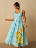 Full front view of aqua striped floral plus size cami maxi dress