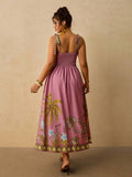 Back view of dusty pink cami dress with shoulder bows and smocked bodice